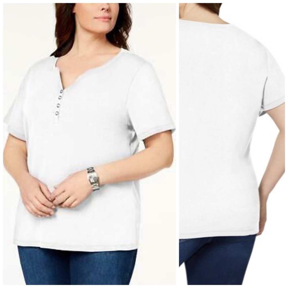 Bright White Splitneck Henley Short Sleeve Top Plus Size 2X